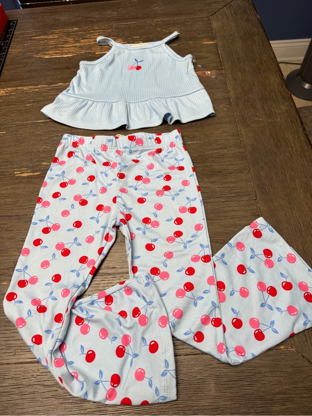 btween Light Blue Ribbed Tank with Cherry Accent & Cherry Print Pants